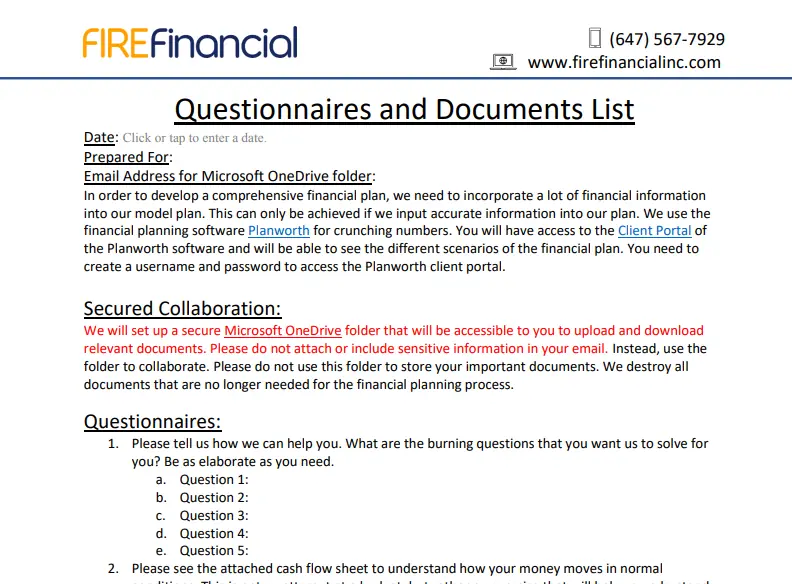 Step 2 - Questionnaire and Document Checklist